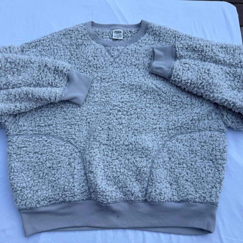 PINK Victoria's Secret Light Heather Gray Fuzzy Sherpa Crewneck Sweater